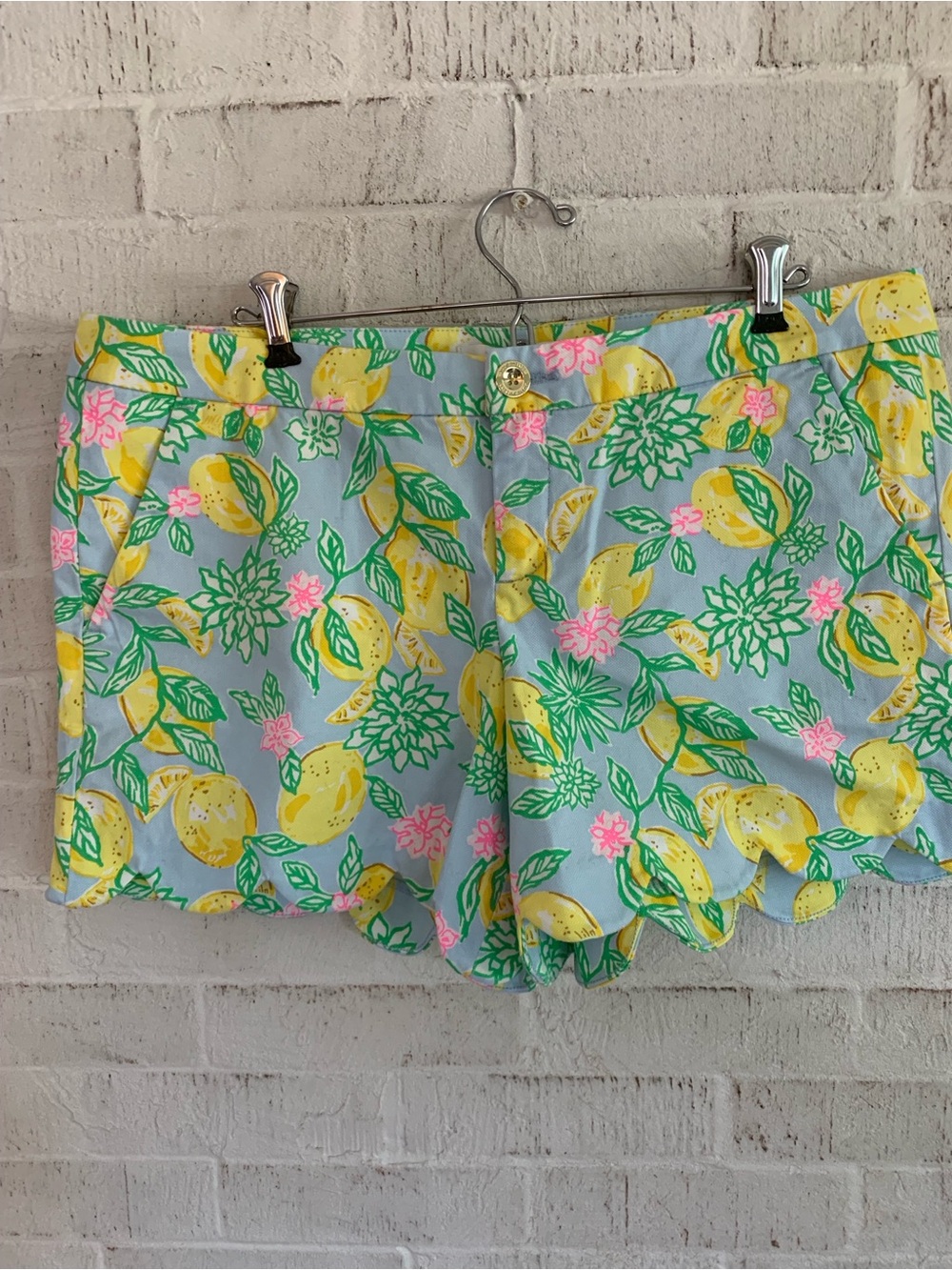 Lilly Pulitzer Lemon Floral Scallop Hem Shorts - Light Blue, Yellow, Green, Pink